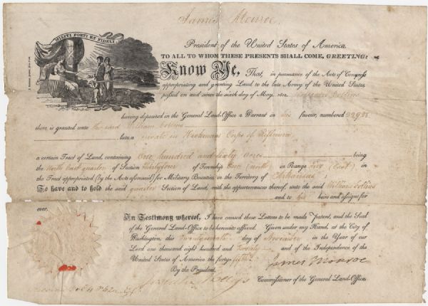 James Monroe signed Land Grant for Rifleman