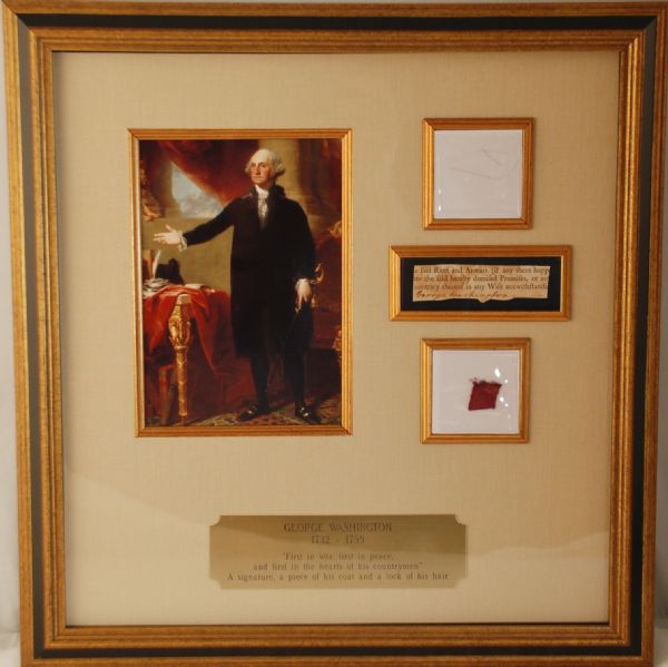 Full George Washington Signature along with Swatch of his Coat and His Hair