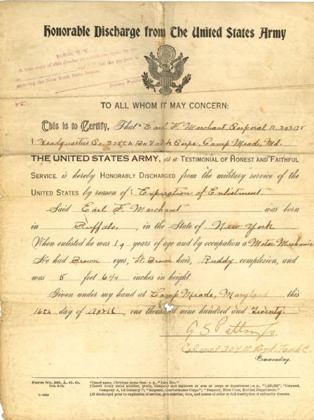 George Patton Signed Honorable Discharge