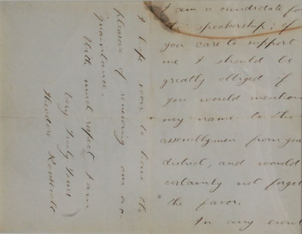 Theodore Roosevelt 1883 letter Running for Assemblymen Speakership