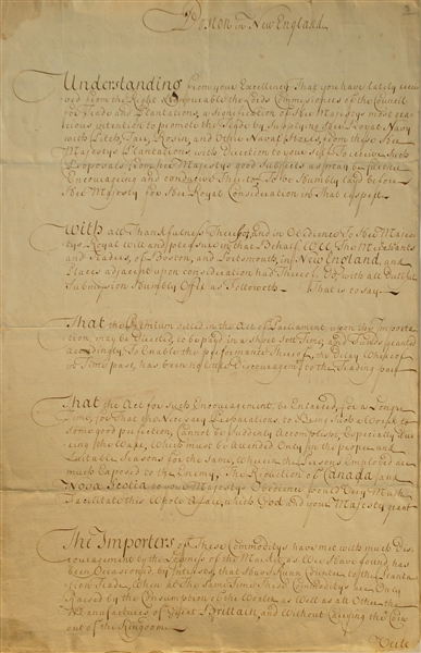 1708 Royal Governor Of Boston Asks Queen Anne for Protection from the Enemy