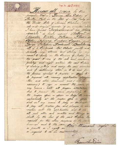 Thomas Edison Signed Phonograph Patent