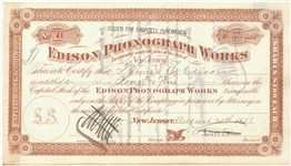 Thomas A. Edison Personal  Double Signed Edison Phonograph Works Stock Certificate
