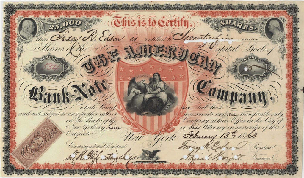 American Bank Note Company, 1863 Stock Certificate, Very Rare!