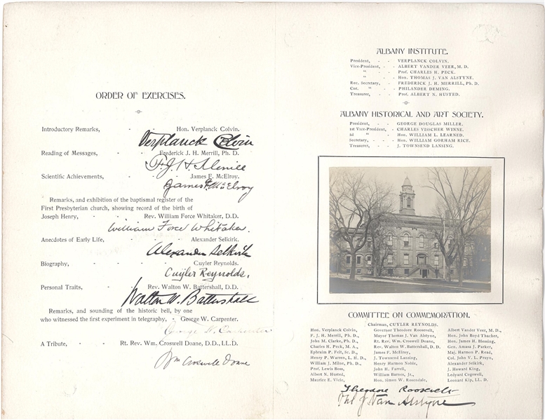 Program honoring Prof. Joseph Henry, LL.D.  Scientist (Chief Discoveries in Electromagnetism), Signed by Theodore Roosevelt and others