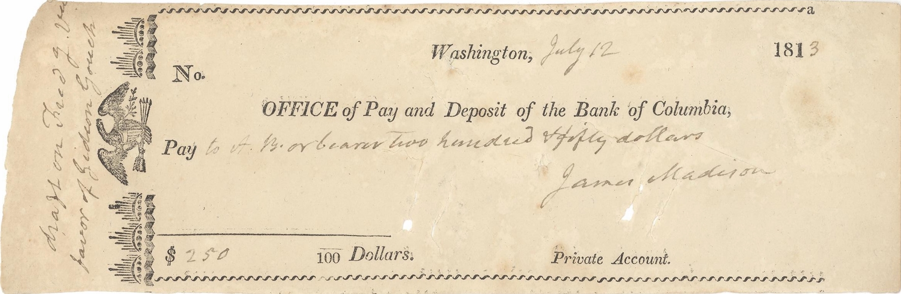James Madison Signed Check as President