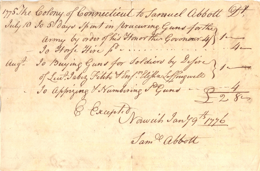 Samuel Abbot January 1,st 1776 Military Receipt