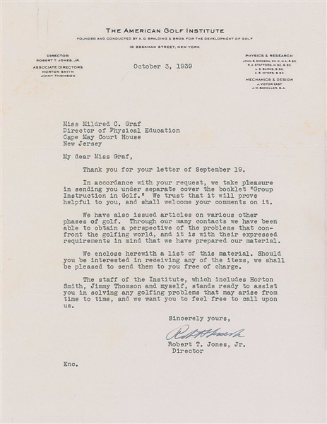 Robert T Jones Vintage Signed Letter (Great Golf Content)