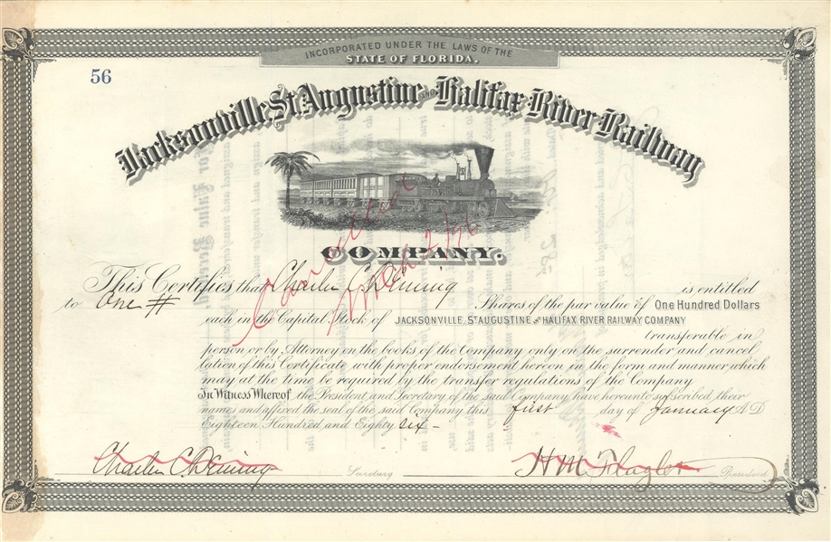 1886 Henry Flagler RARE Jacksonville St Augustine Railroad Stock 