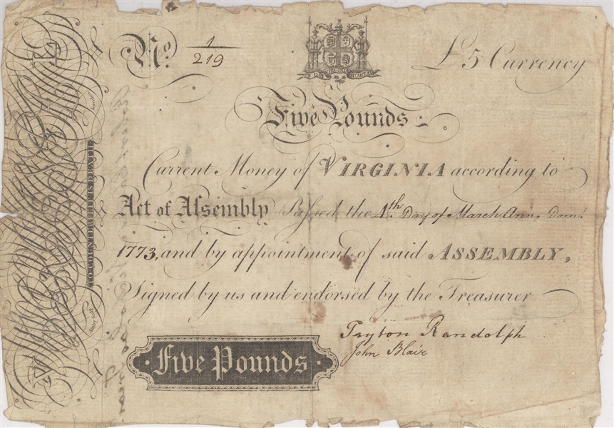 Rare Peyton Randolph and John Blair Signed Currency 1773