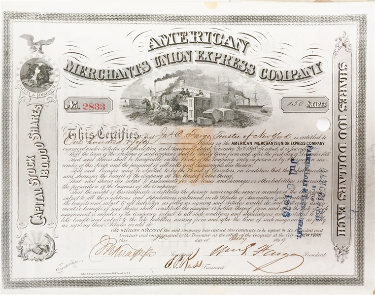AMERICAN MERCHANTS UNION EXPRESS COMPANY Signed By William Fargo to James Fargo as Trustee.of New York.