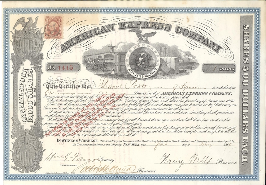 1866 American Express Stock Certificate Signed by Wells and Fargo