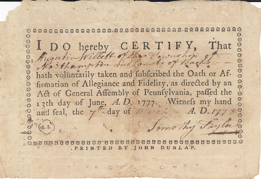 One of a Few known Loyalty Oath printed by John Dunlap, printer of the Declaration of the Independence.