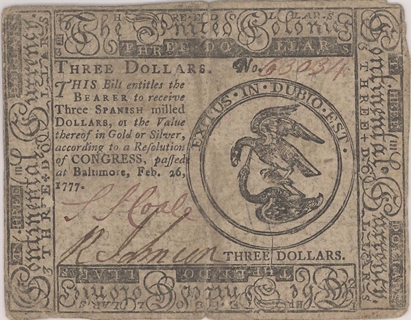 Baltimore February 26, 1777 Three dollar note