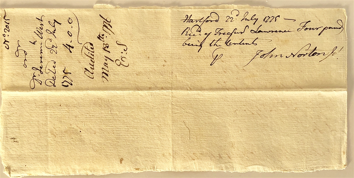 AUTOGRAPH DOCUMENT, SIGNED BY OLIVER ELLSWORTH AND THOMAS SEYMOUR, AUTHORIZING PAYMENT TO Dr Jeremiah West Surgeons mate DURING THE FIRST MONTHS OF THE AMERICAN REVOLUTION]