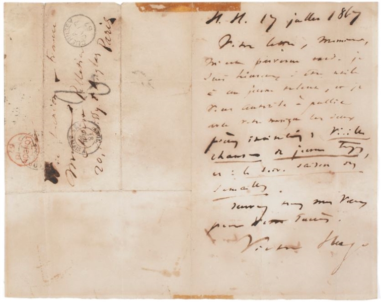 Victor Hugo authorizes a young talent to publish in Pelletier's magazine, two of his poems (Vieille Chanson du Jeune temps published in Contemplations and Saison des Semailles