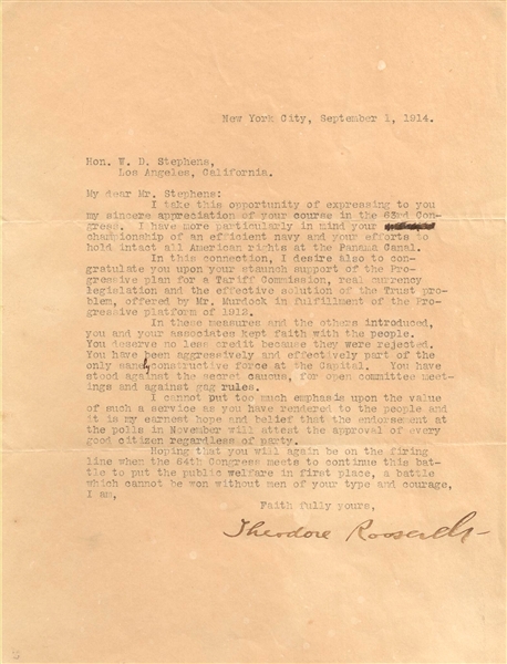  Roosevelt thanks to the Governor of California for his support of The Panama Canal,  Tariffs and his work in the 63rd Congress.