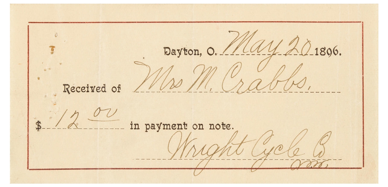 WILBUR WRIGHT SIGNED RECEIPT FROM THE CYCLE COMPANY