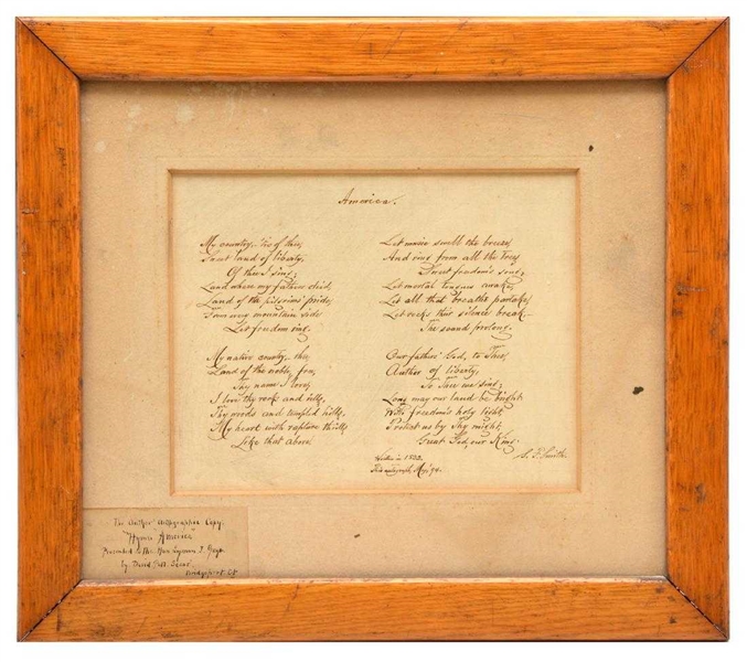 Samuel Francis Smith  Original Handwritten  America