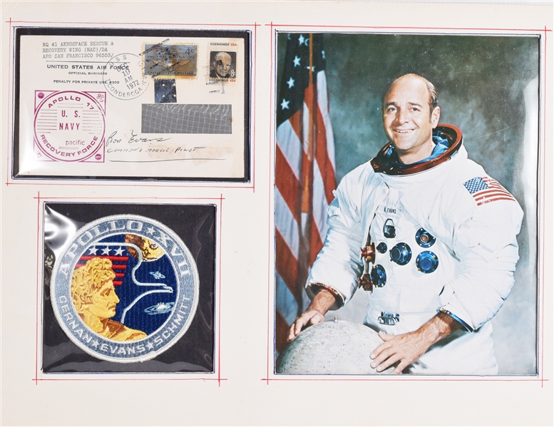 Ron Evans Signed Apollo 17 Rescue Envelope / with original Apollo 17 Reentry Parachute piece