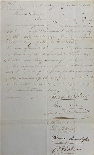 NEW YORK DEMOCRATS WRITE TO PRESIDENT FRANKLIN PIERCE NOMINATING A PURSER IN THE NAVY SIGNED BY AUGUST BELMONT..