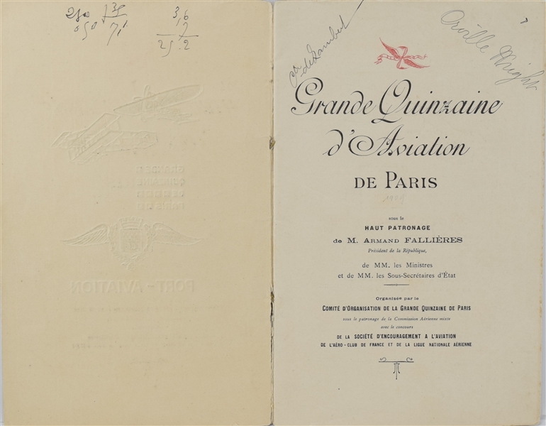 WILBUR WRIGHT AT LE MANS SIGNED, ALSO ORVILLE WRIGHT SIGNED PROGRAM AN CHARLES De LAMBERT SIGNED