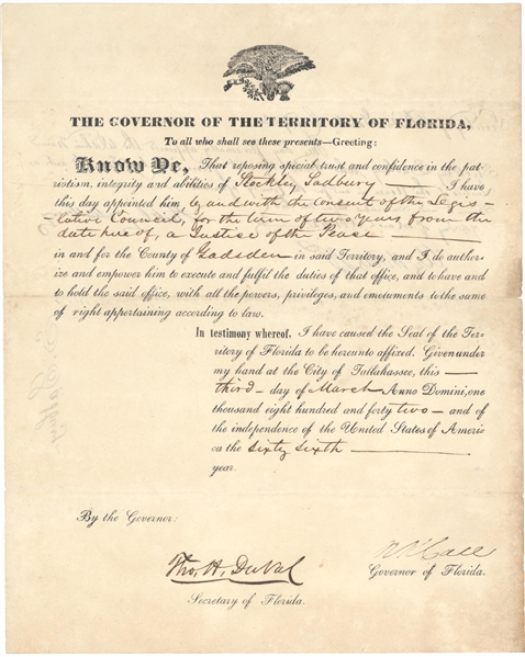 Rare Territory of Florida 1842 Appointment  signed by Governor Call 