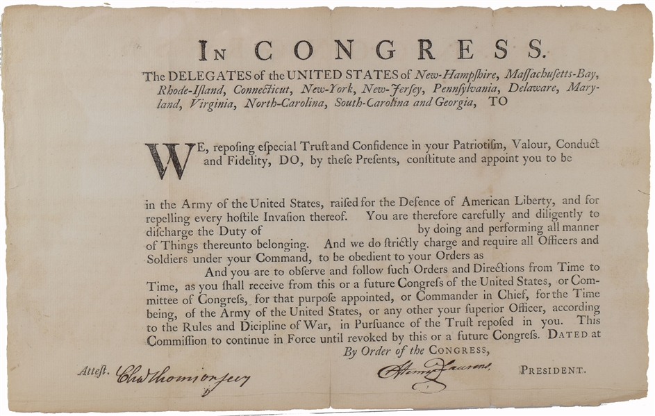 Henry Laurens Military Commission Signed As President of the Continental Congress