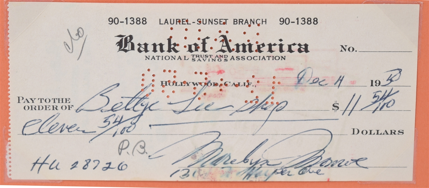 1950 Marilyn Monroe Signed Bank Check