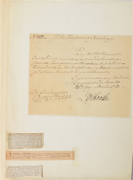 Richard Howell as 3rd Governor of New Jersey, pays James Kinsey his Salary as Chief Justice