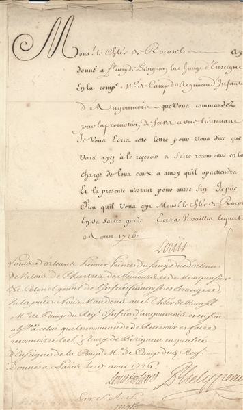 Military Order signed by Louis XV at Versailles on November, 1726. 