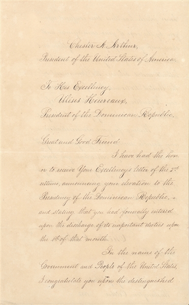 Chester A. Arthur Letter Of State