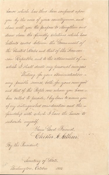 Chester A. Arthur Letter Of State