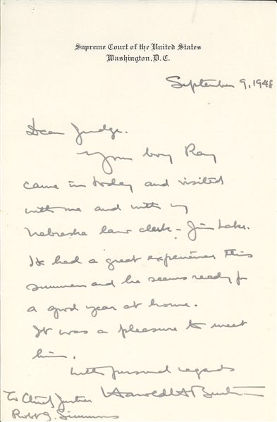 U.S. Associate Justice Harold H. Burton letter to Nebraska Chief Justice Robert G. Simmons