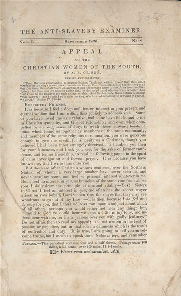 An Appeal to the Christian Women of the South in The Anti-Slavery Examiner, Vol. I, No. 2. September 1836.