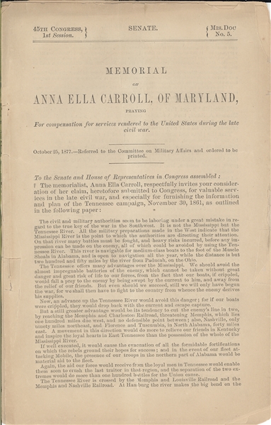 Memorial of Anna Ella Carroll, Praying for Compensation for Services Rendered to the United States during the Civil War.
