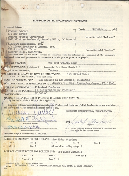 Judy Garland Show signed contract November 6, 1963 for Diahann Carroll