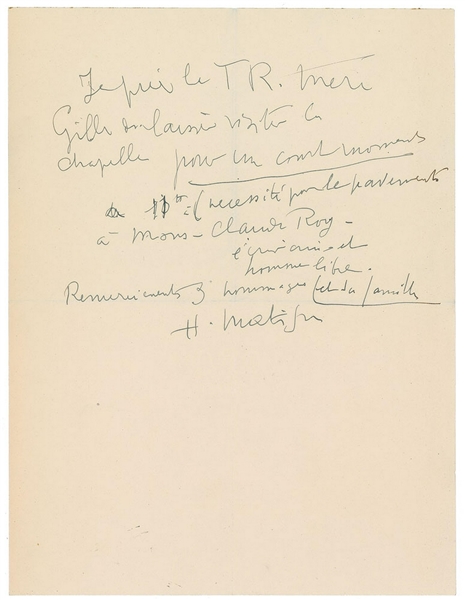 Henri Matisse Important letter