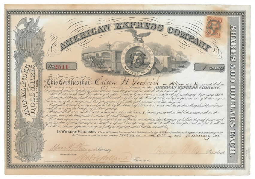 American Express Co. Stock Certificate, 1866