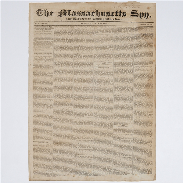 (JEFFERSON AND ADAMS) The Massachusetts Spy and Worcester County Advertiser, 12 July 1826- account of the deaths of John Adams and Thomas Jefferson