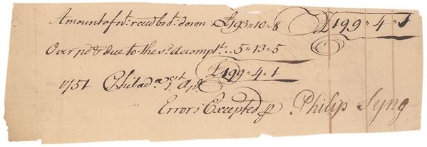 Philip Syng Signed Document - Maker of Declaration Inkwell 