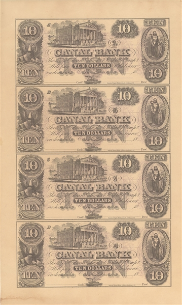 New Orleans Canal & Banking Compy- 3 Uncut Sheets of $10, $20, $100