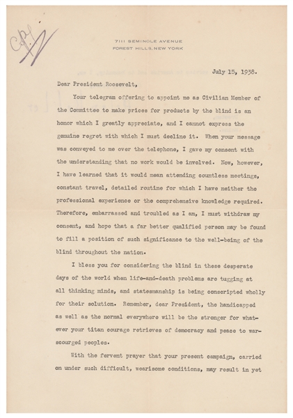 Helen Keller Typed Letter Signed to FDR