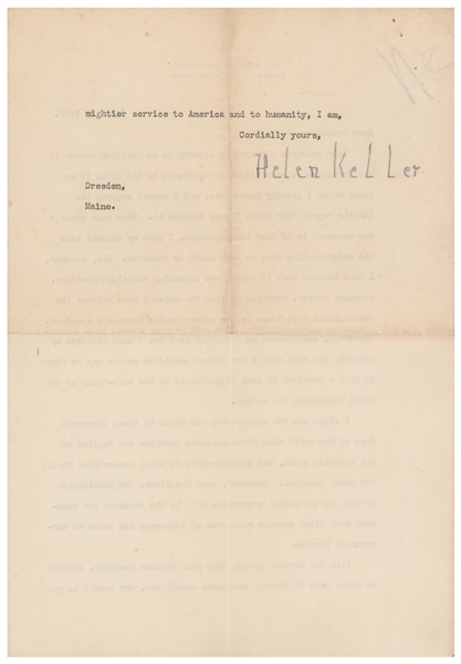 Helen Keller Typed Letter Signed to FDR