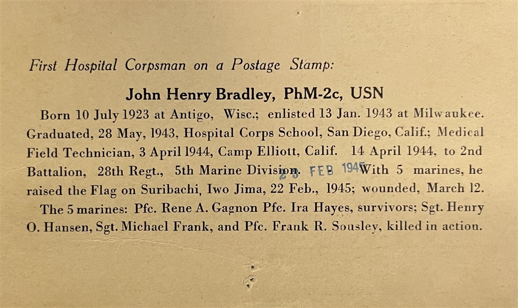 Iwo Jima- John H. Bradley Signed Postcard promoting the release of the postage stamp commemorating the flag raising