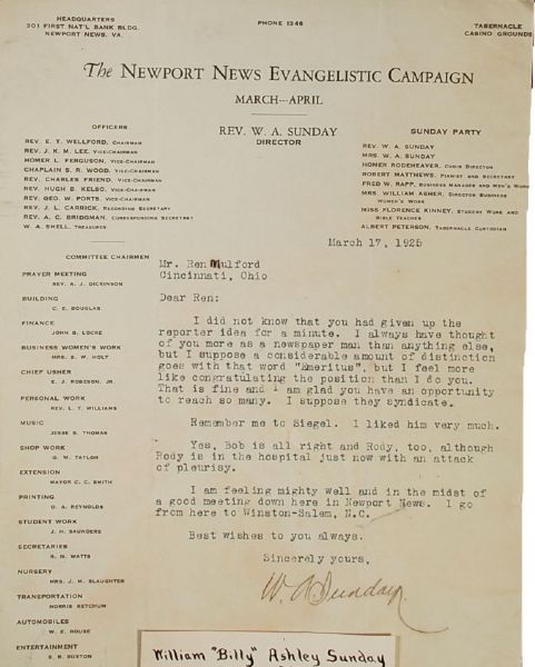 Billy Sunday Congratulates Famous Baseball Reporter
