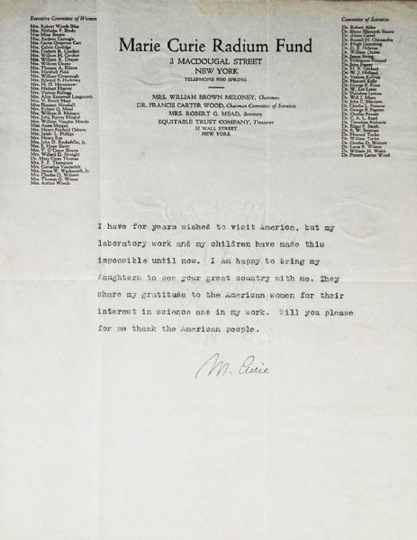 Marie Curie Thanks The American Women!