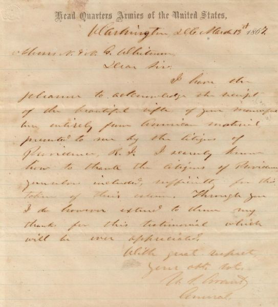 Ulysses S. Grant Thanks Providence Rhode Island for An Presentation Rifle.