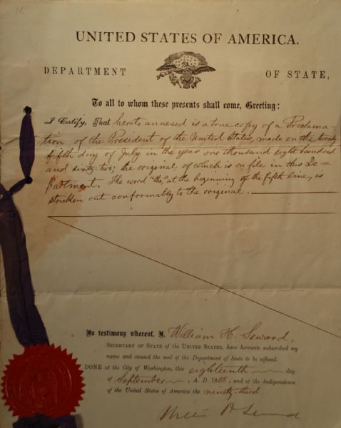 William H. Seward Changes Lincoln Proclamation