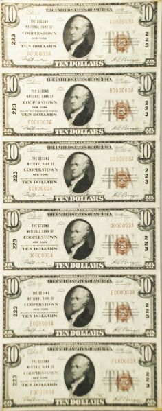 Uncut Sheet, serial number 3,Cooperstown, NY - $10 1929 Ty. 1